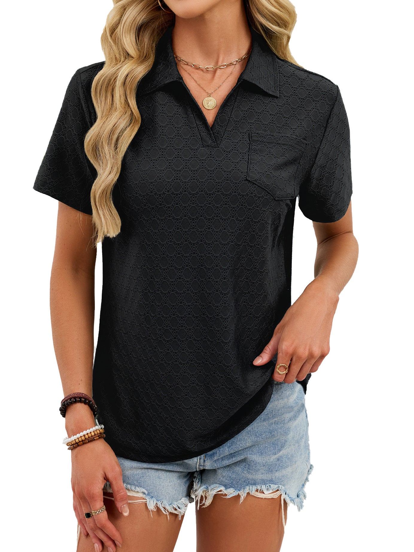 V Neck Polo Shirt Textured Knit Pocket Casual Top