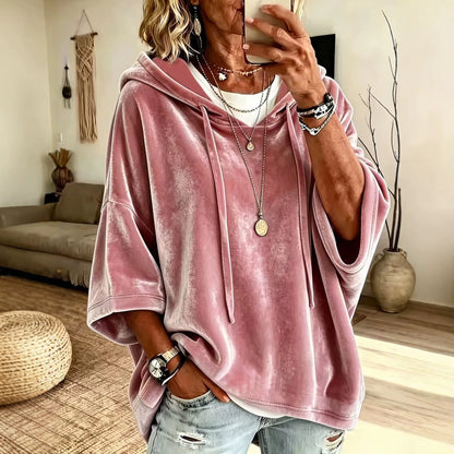 Women’s Velvet Hooded Poncho Top Oversized 3/4 Sleeve