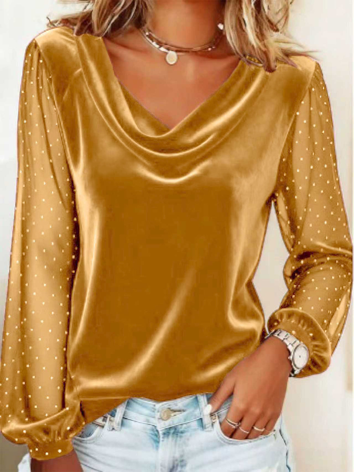 Women's Velvet Cowl Neck Sheer Rhinestone Puff Sleeve Top
