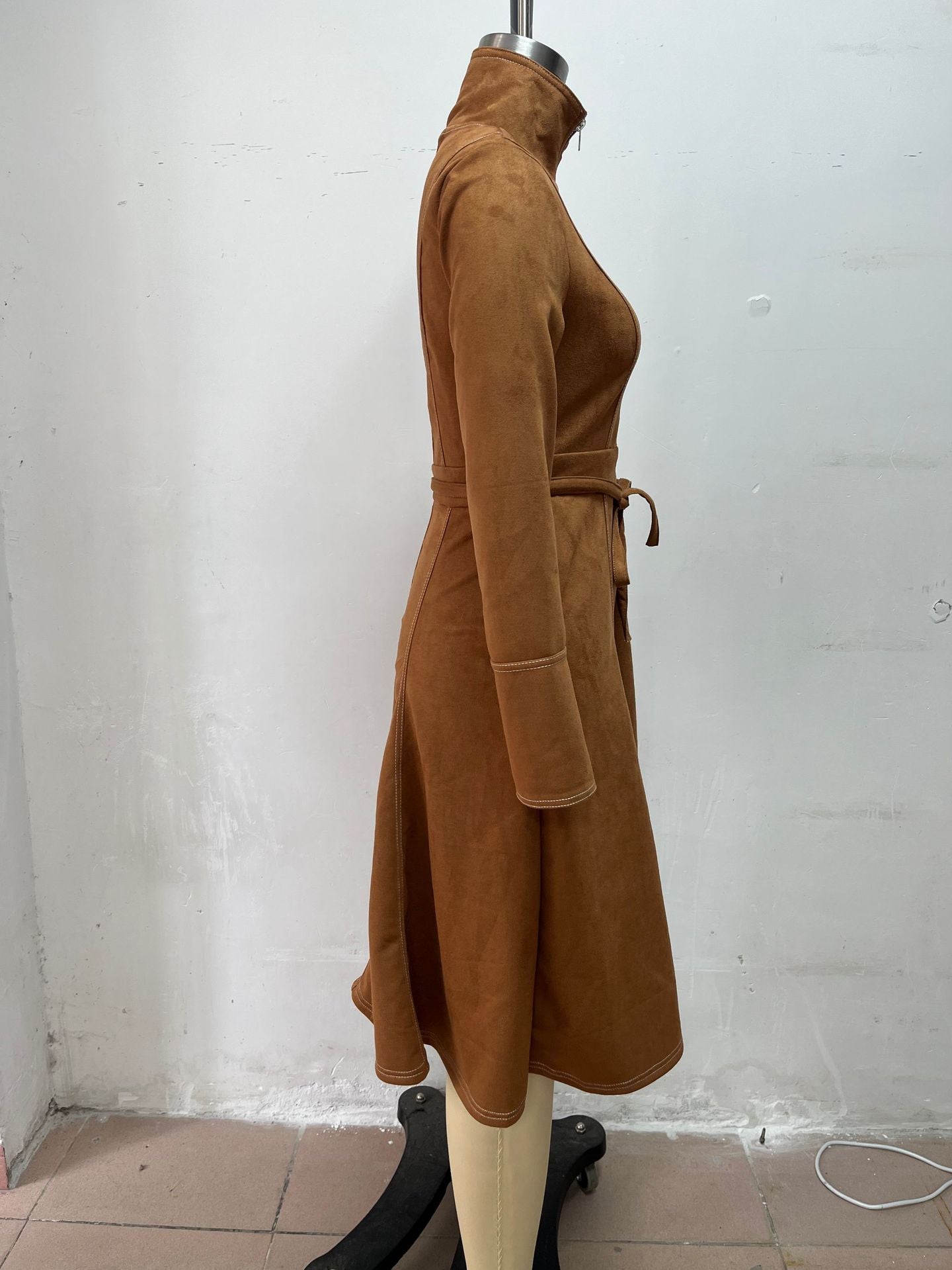 Vintage Faux Suede Long Sleeve Belted Zip Front Maxi Dress