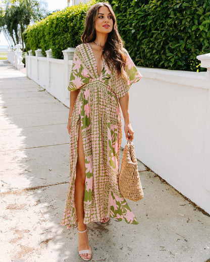 Boho Floral V Neck High Waist Split Maxi Dress