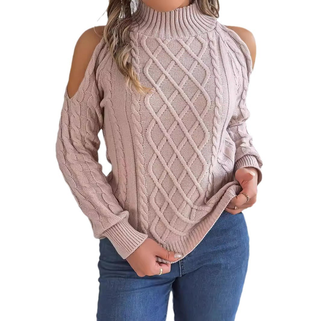 Women's Cold Shoulder Cable Knit Mock Neck Sweater