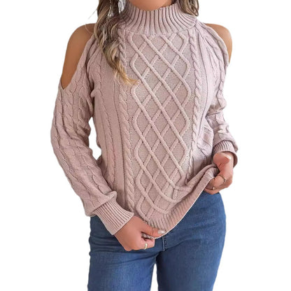 Women's Cold Shoulder Cable Knit Mock Neck Sweater