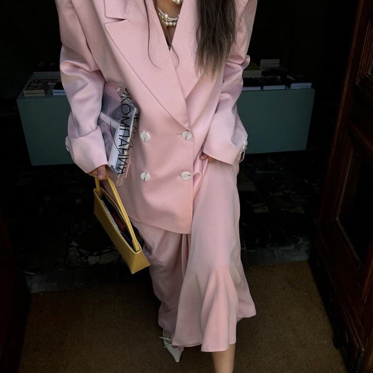 Women's Satin Blazer Maxi Skirt Two Piece Set