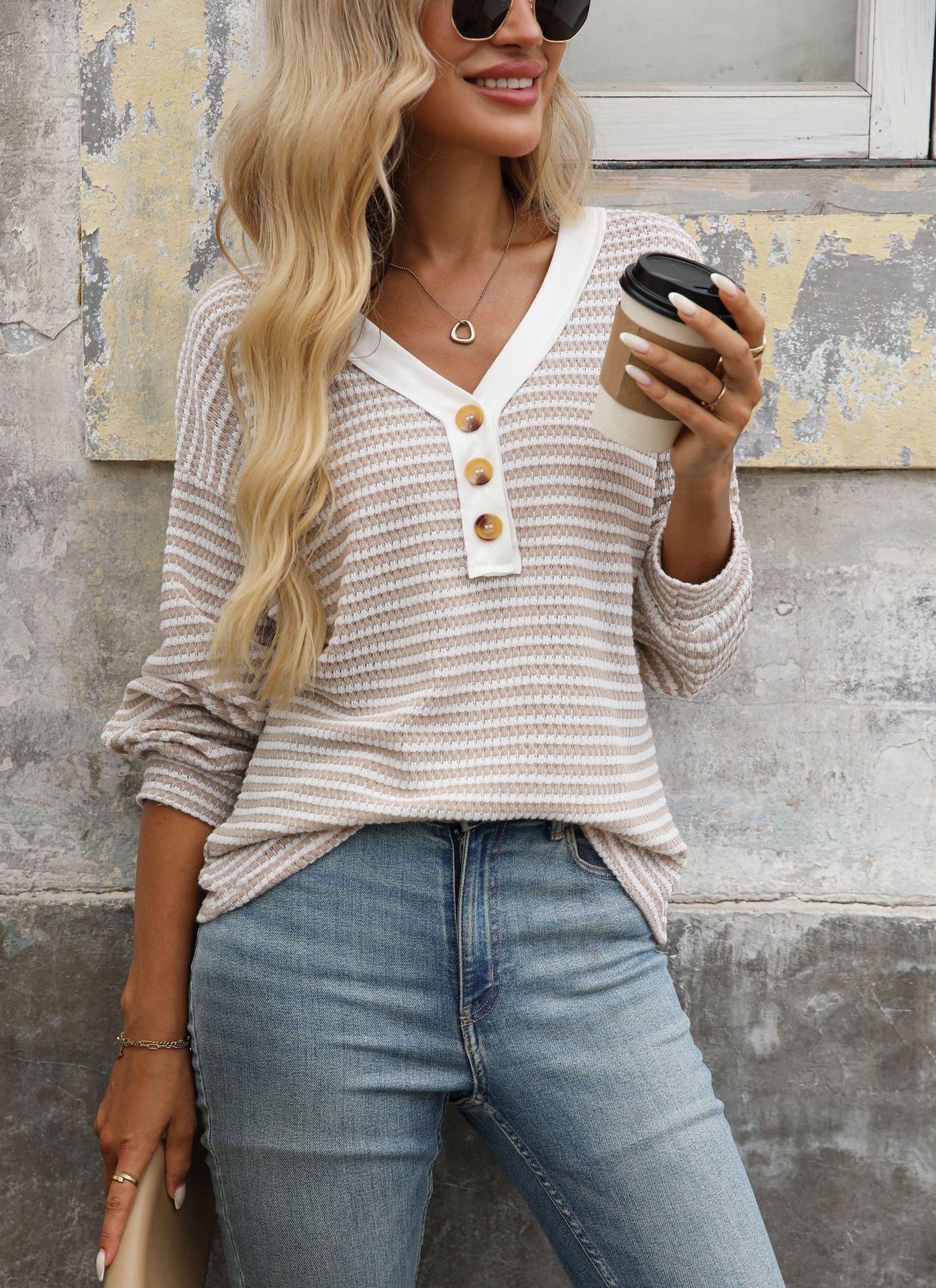 Striped V Neck Henley Long Sleeve Casual Knit Top