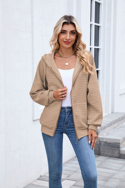 Quilted Zip Up Hooded Jacket Hoodie with Pockets