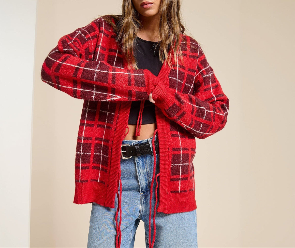 Women's Red Plaid Tie Front Knit Cardigan Sweater