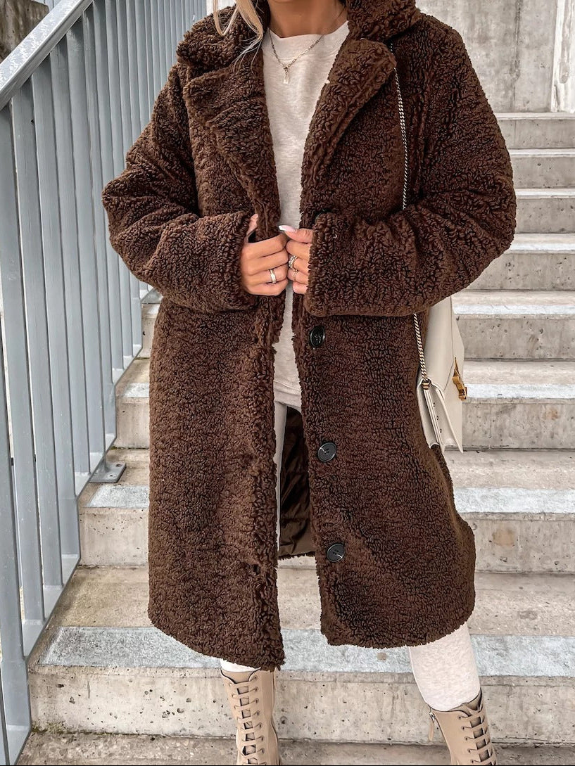 Womens Long Faux Shearling Coat Button Front Lapel Jacket
