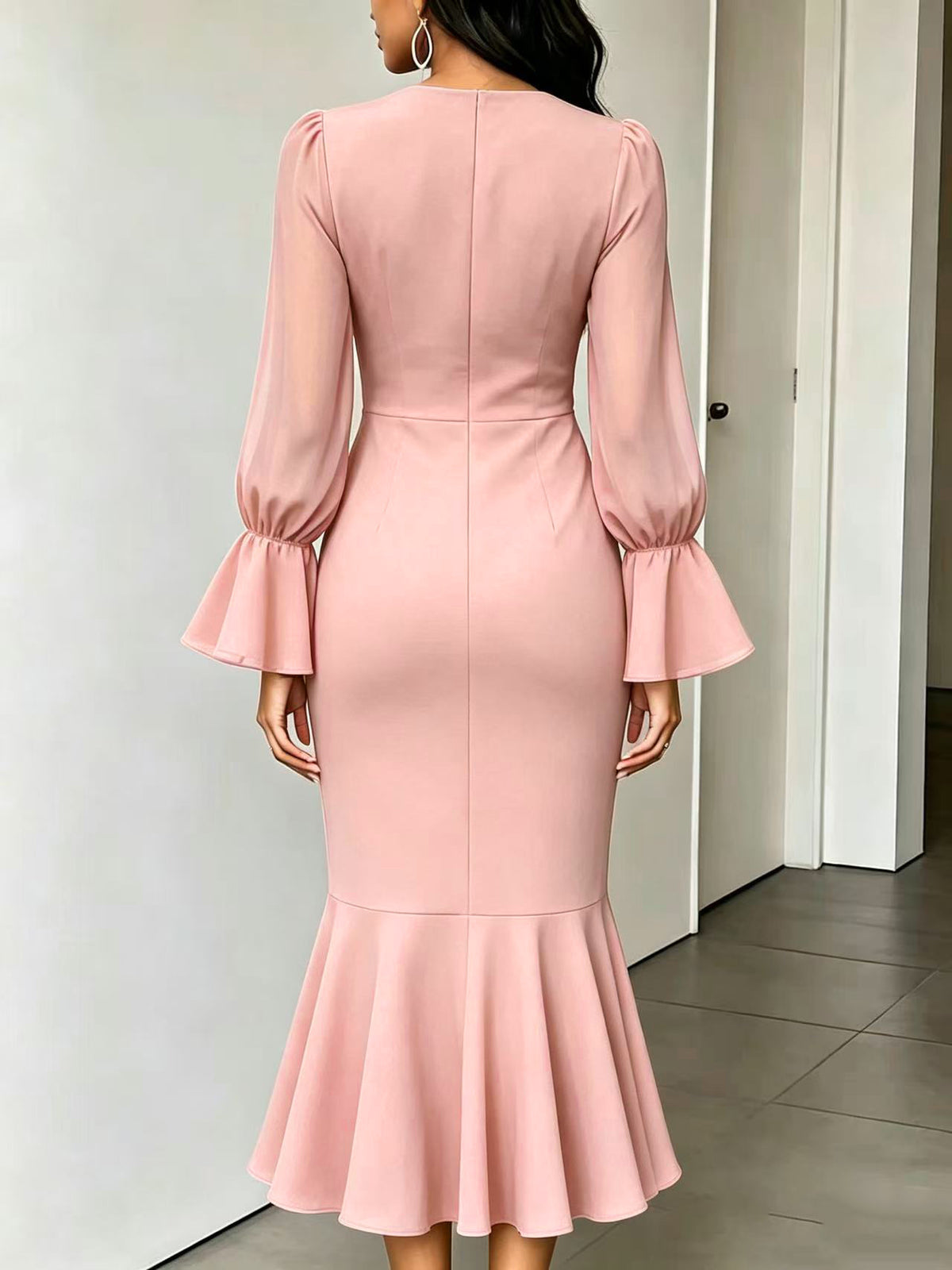 Women's V-Neck Chiffon Bell Sleeve Midi Mermaid Dress