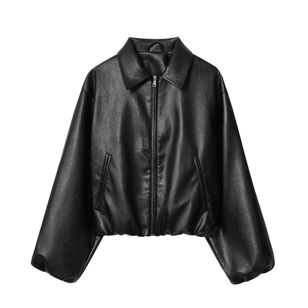 Women's Faux Leather Collared Zip-Up Bomber Jacket