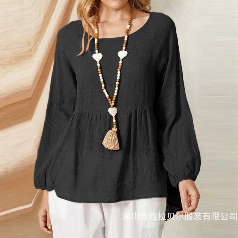 Plus Size Boho Peasant Top Lantern Sleeve Linen Blouse