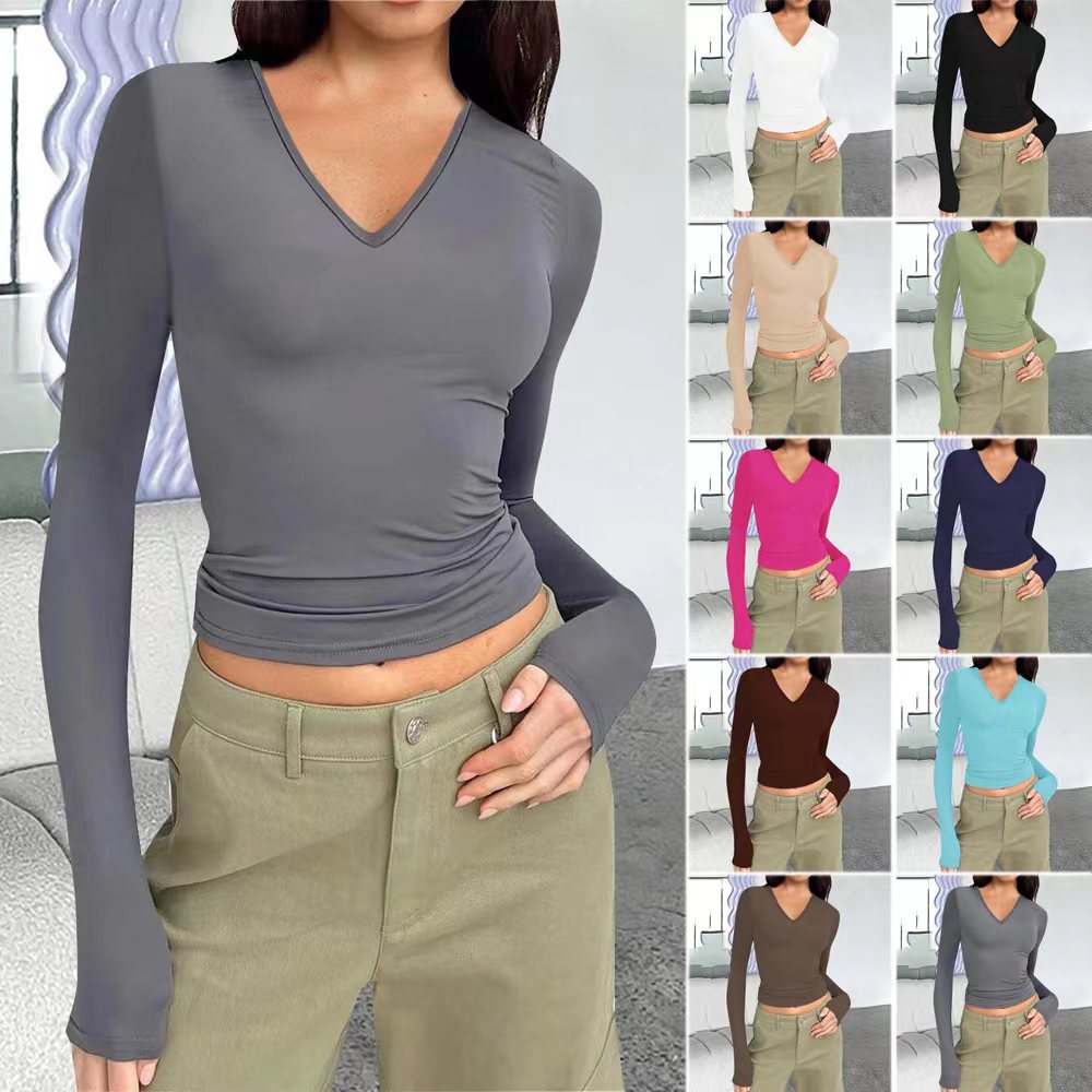 Women's V-Neck Long Sleeve Slim Fit Basic Top