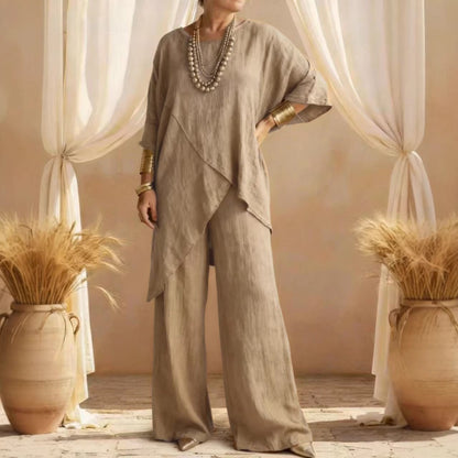 Women's Linen 2PC Set Asymmetric Hem Wide Leg Pants