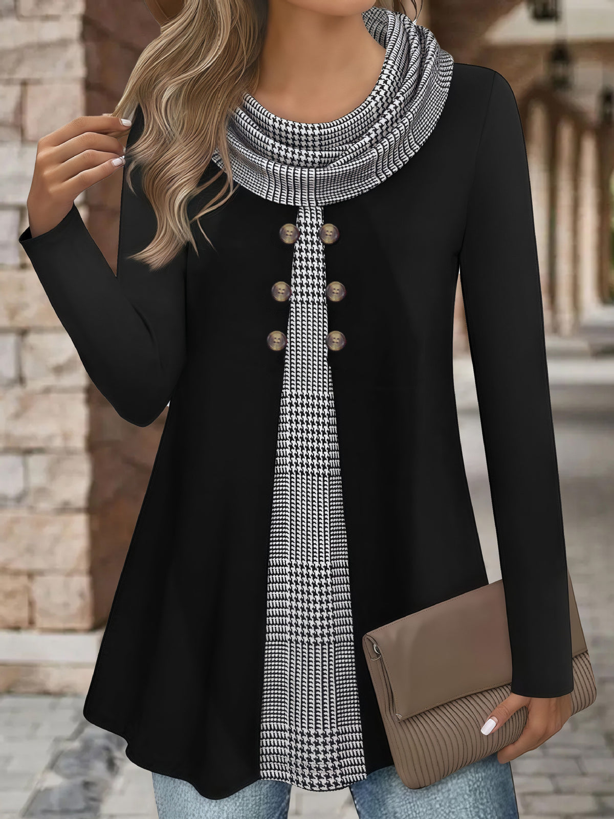 Women's Plaid Cowl Neck Tunic Sweatshirt Buttons