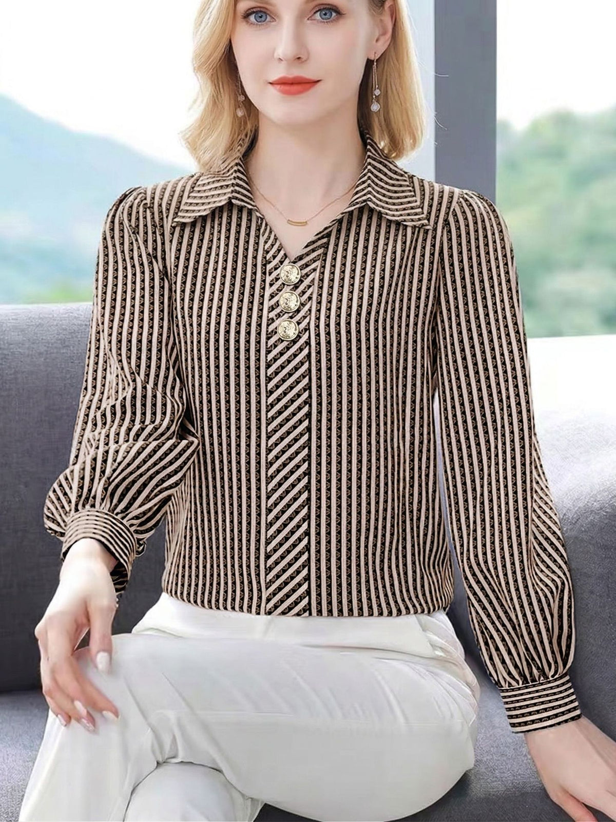 Women's Striped V Neck Collared Long Sleeve Blouse