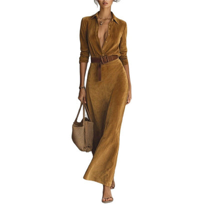 Faux Suede Belted Maxi Shirt Dress Long Sleeve