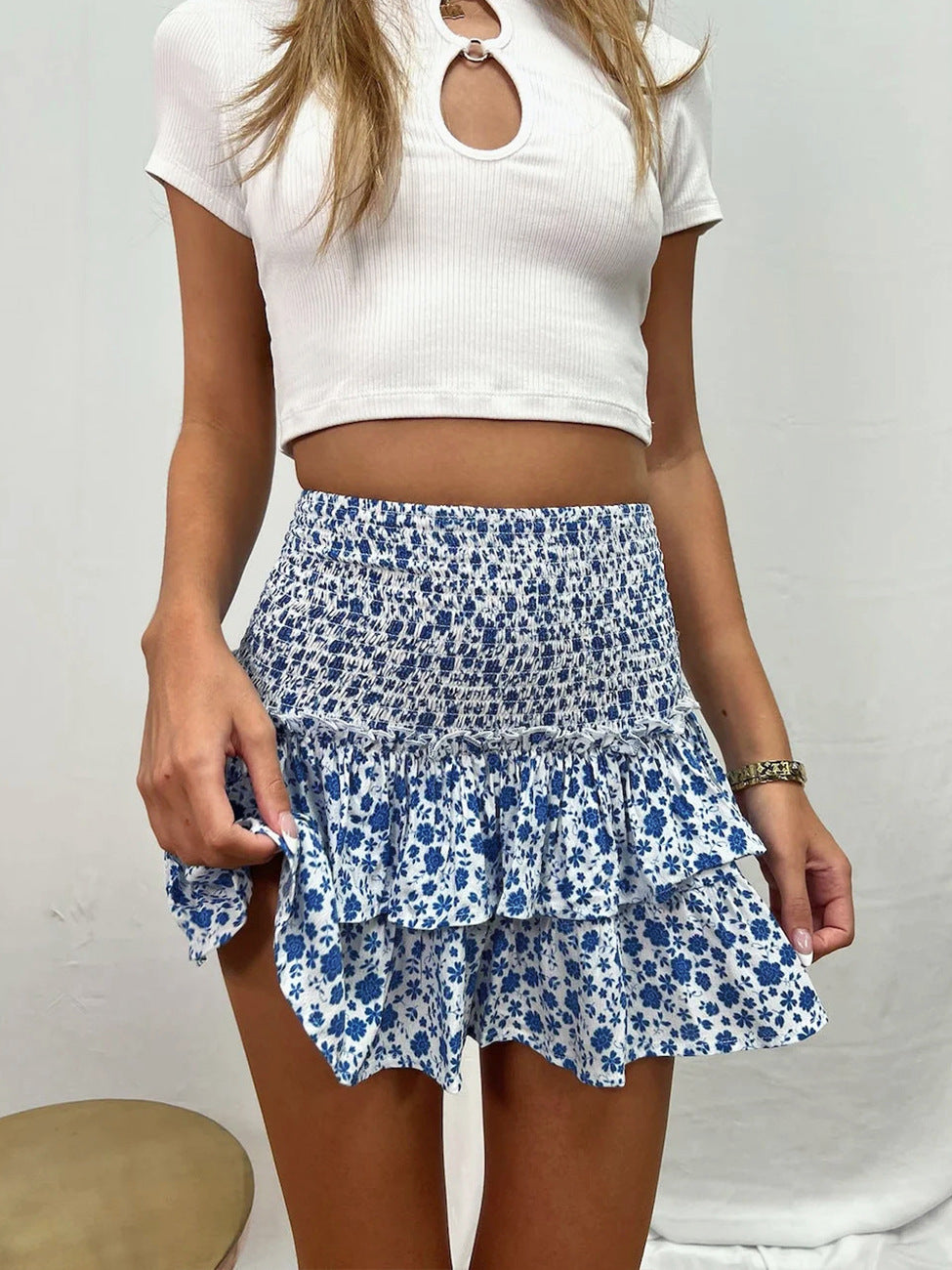 Bohemian Floral Pleated Skirt, Ruffle Edge Printed Skirt