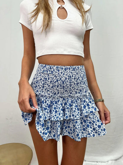 Bohemian Floral Pleated Skirt, Ruffle Edge Printed Skirt