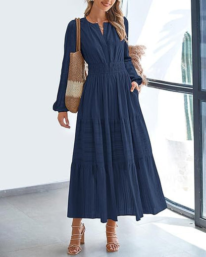 Women's V-Neck Long Sleeve Tiered Maxi Smocked Cotton Dress