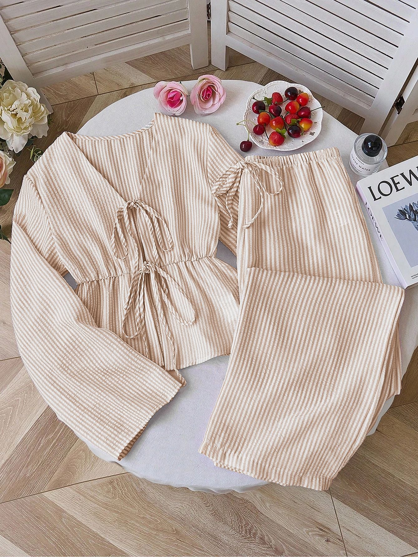 Striped Tie Front Top Wide Leg Pants Matching Set
