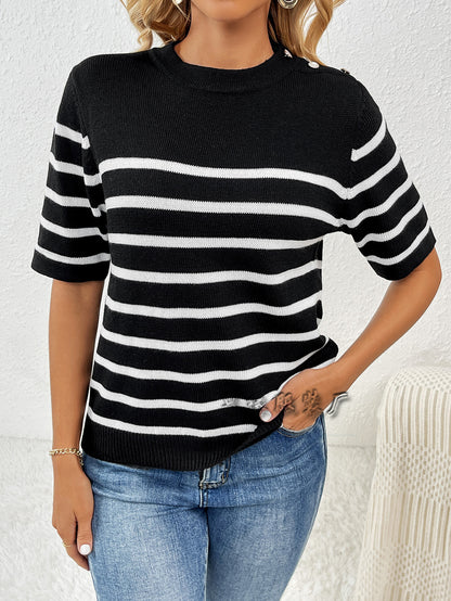 Striped Knit Sweater Tee Button Shoulder Casual Pullover