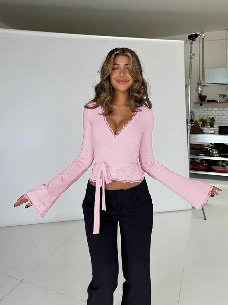 Women's Lace Trim V Neck Tie Waist Long Sleeve Top