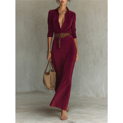 Faux Suede Belted Maxi Shirt Dress Long Sleeve