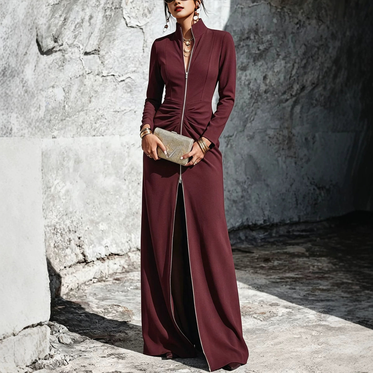 Ruched Mock Neck Zip Front Bodycon Slit Maxi Dress