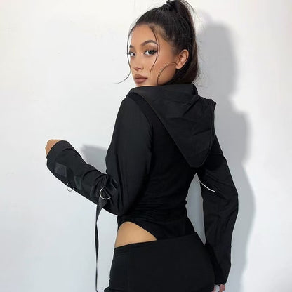 Women Hooded Cut Out Bodysuit Long Sleeve Streetwear