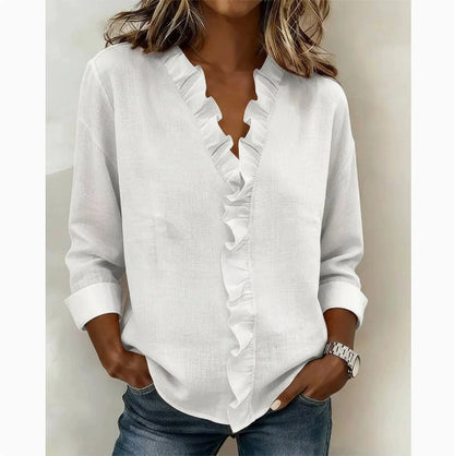 Ruffle Trim Cotton Linen Blouse Long Sleeve