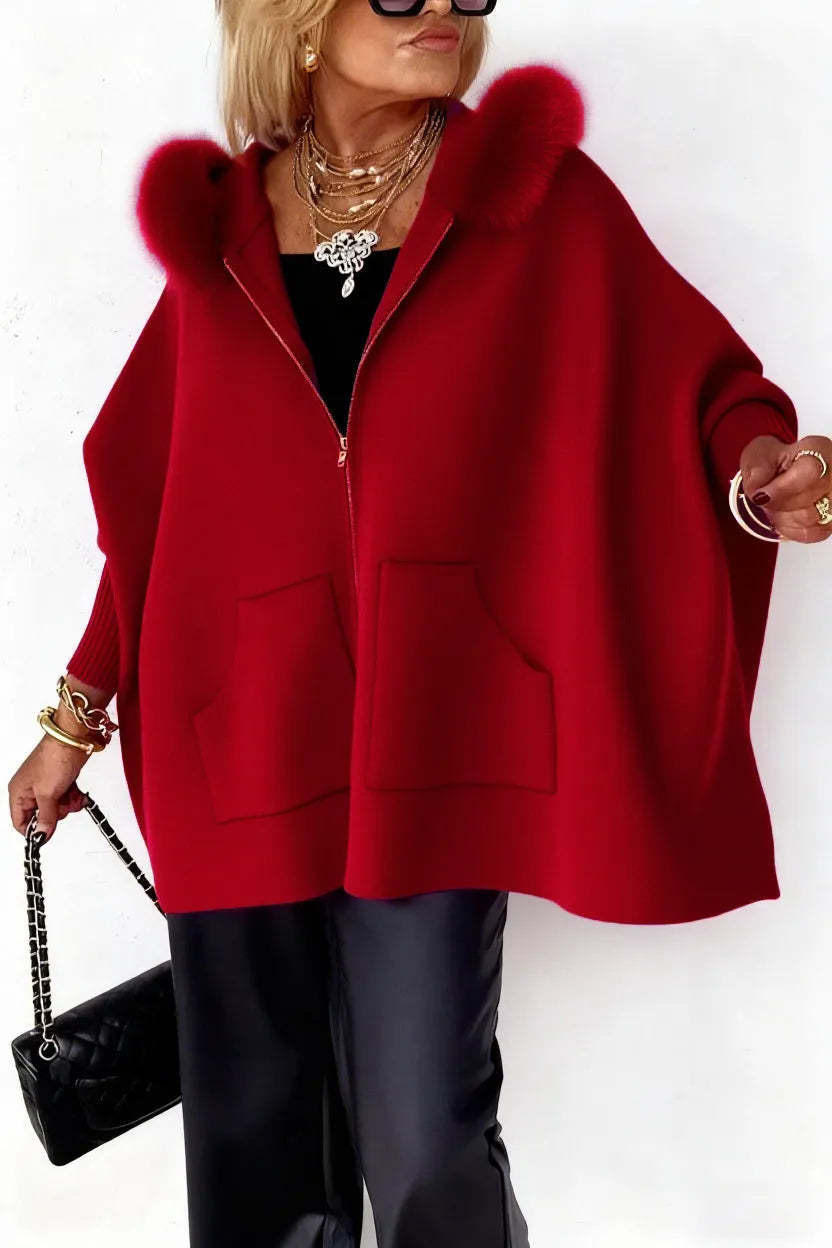 Oversized Faux Fur Hood Zip Up Knit Cardigan Pockets