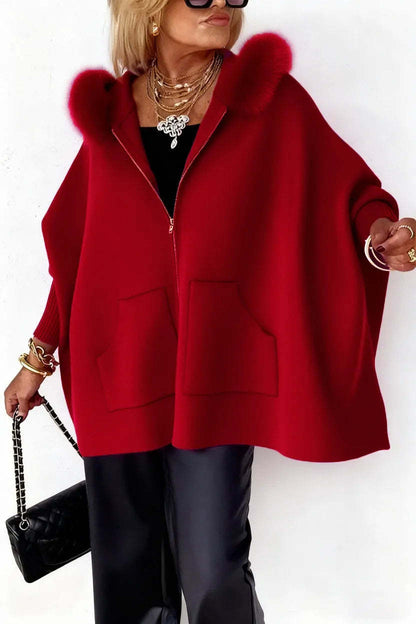 Women's Oversized Faux Fur Collar Zip Up Knit Hooded Jacket