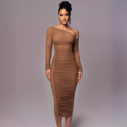 One Shoulder Ruched Mesh Bodycon Midi Dress Long Sleeve