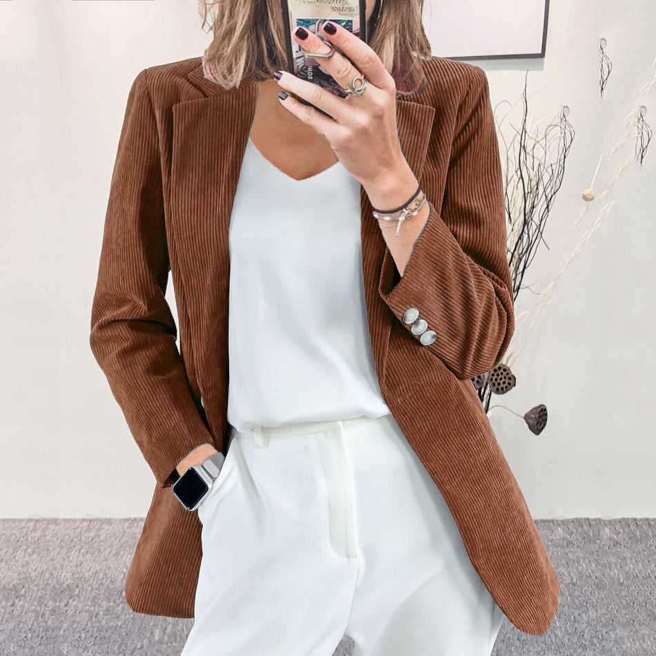 Women's Corduroy Blazer One Button Casual Jacket