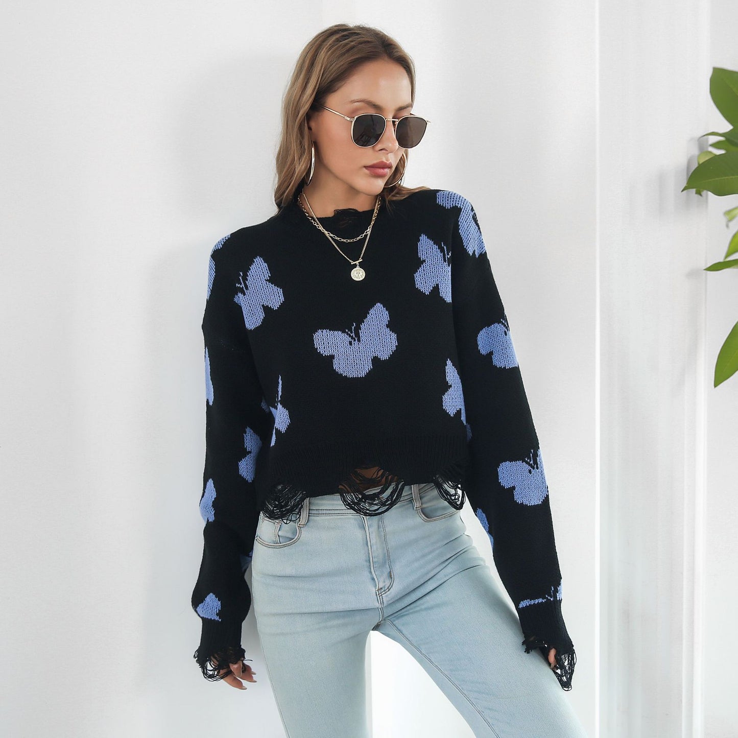 Women's Y2K Butterfly Distressed Oversized Crop Sweater