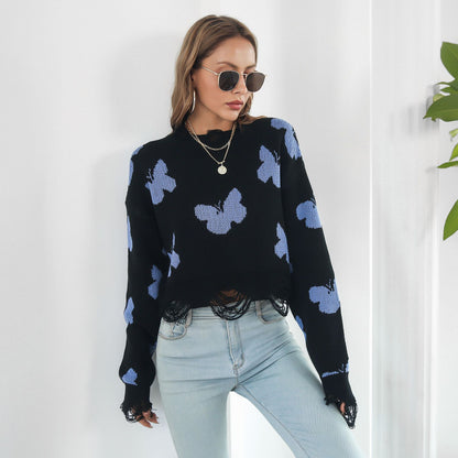 Women's Y2K Butterfly Distressed Oversized Crop Sweater