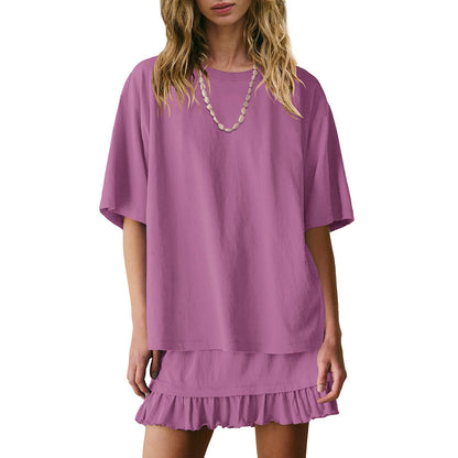 Women's Oversized Tee & Ruffle Mini Skirt Two Piece Set