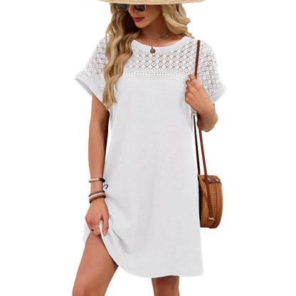 Blue Gray Yoke Loose T Shirt Dress Crew Neck