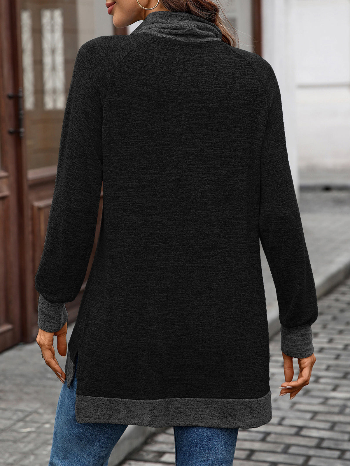 Women's Color Block Cowl Neck Long Sleeve Tunic Top