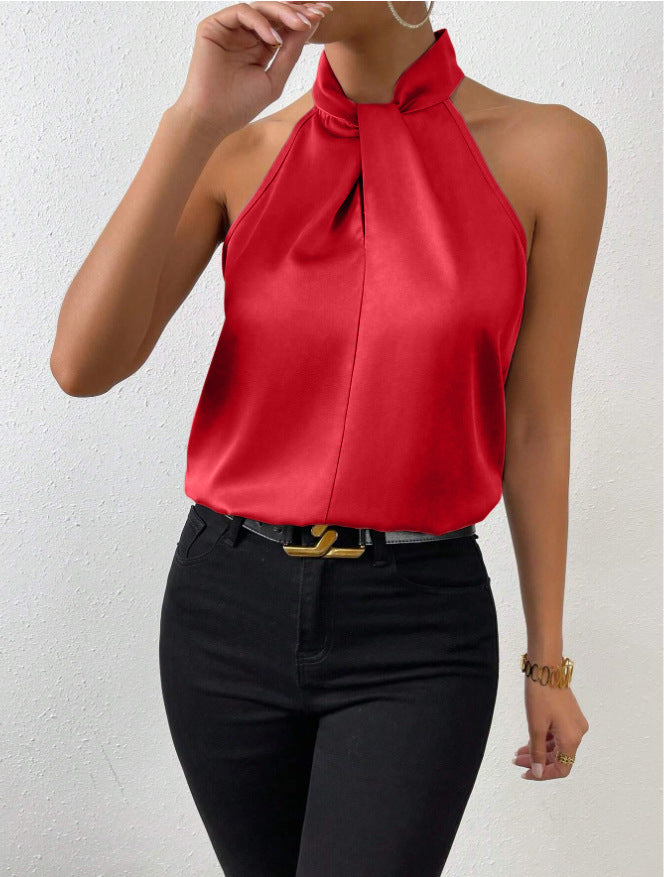 Women Satin Halter Top Sleeveless Elegant Blouse