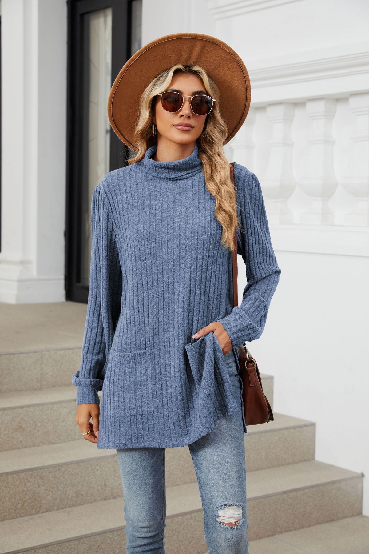 Women's Ribbed Mock Neck Long Sleeve Tunic with Pockets