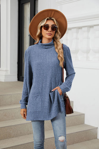 Women's Ribbed Mock Neck Long Sleeve Tunic with Pockets