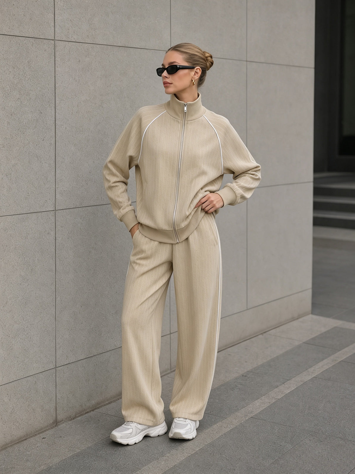 Women's Striped Zip Up Jacket Wide Leg Pants 2 Piece Set