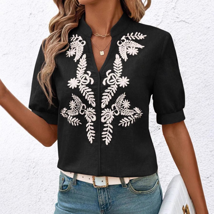 V Neck Embroidered Cotton Blouse Casual Summer Shirt