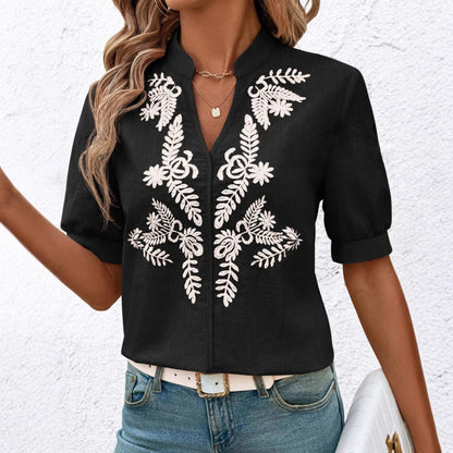 V Neck Embroidered Cotton Blouse Casual Summer Shirt
