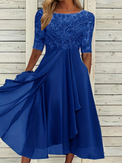 Women's Lace Chiffon Wedding Guest Midi Dress