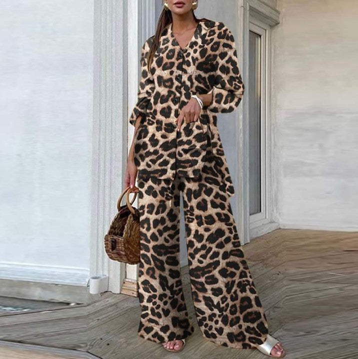 Women's Leopard Print Button Down Shirt Wide Leg Pants Set