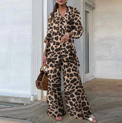 Women's Leopard Print Button Down Shirt Wide Leg Pants Set