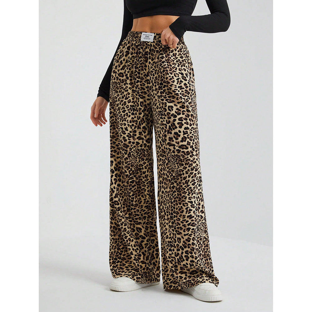 Leopard Print Wide Leg Pants High Waist Pocket Casual