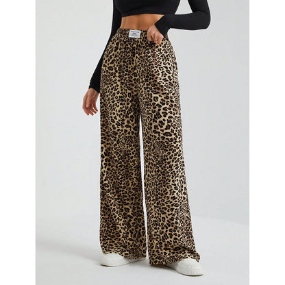 Leopard Print Wide Leg Pants High Waist Pocket Casual